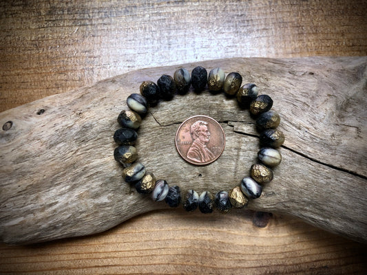 Czech Glass - Faceted Matte Black and Gold Rondelles - 6mm x 8mm