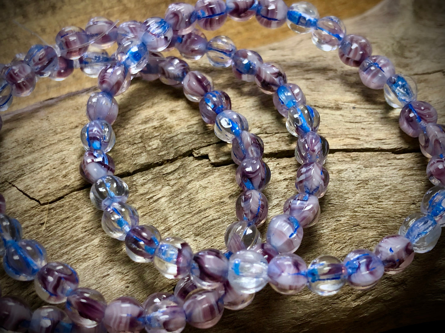 Czech Glass - Light Purple and Clear Melons with Bright Blue Wash - 5mm