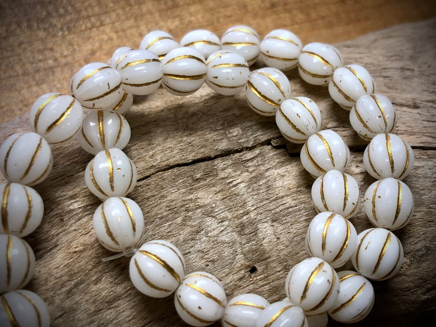 Czech Glass - White Melons with Gold Wash - 8mm