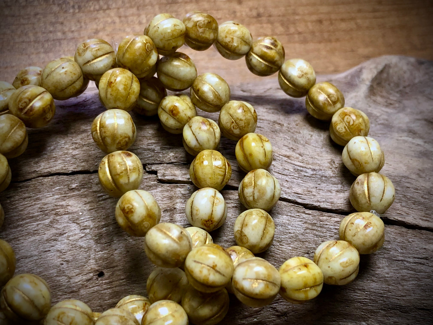 Czech Glass - Light Brown Melons with Gold Wash - 8mm