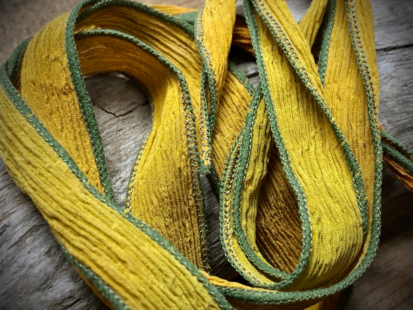 Side-Stitched Silk Ribbon - Green-Ochre Ombre