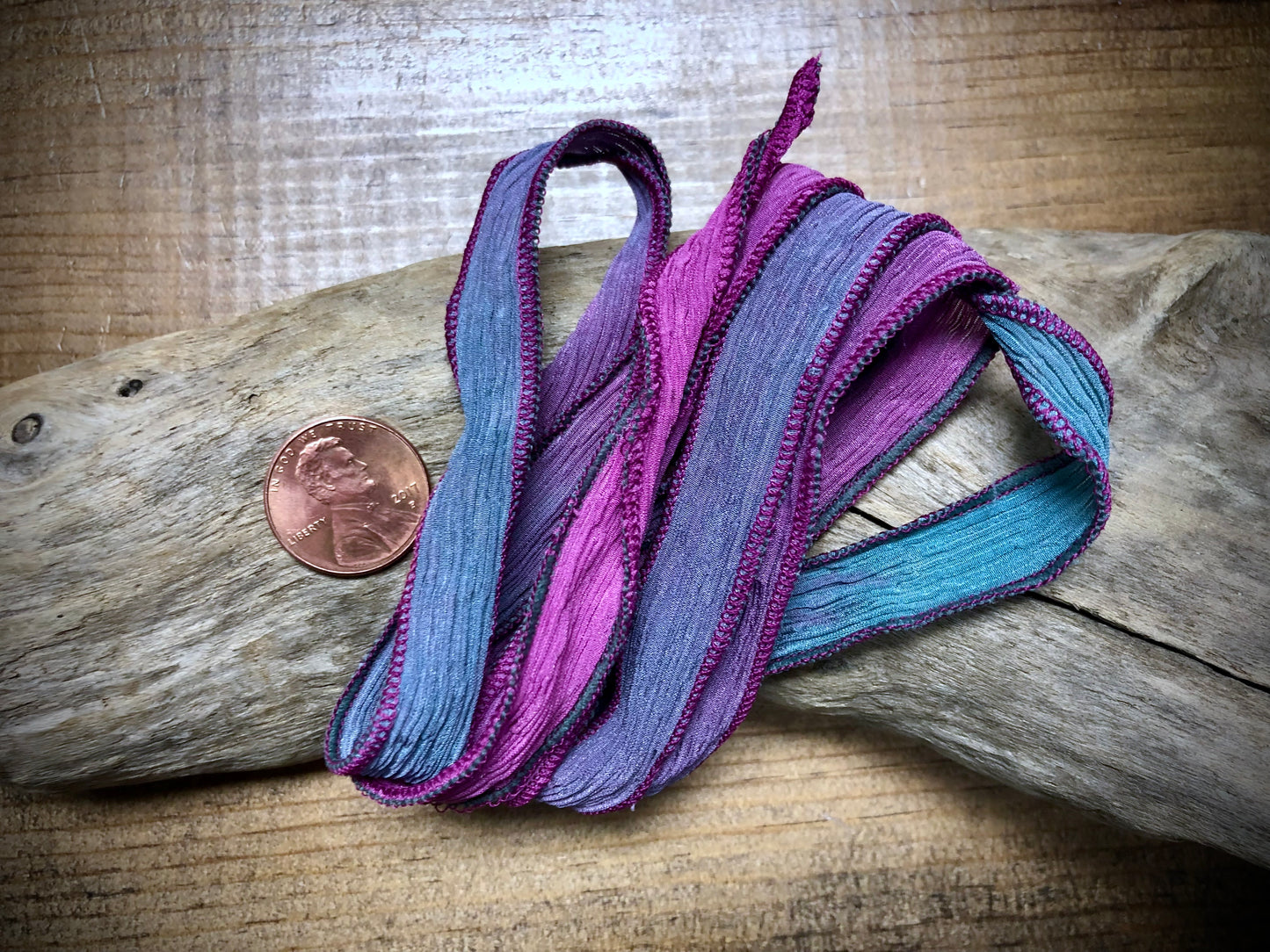 Side-Stitched Silk Ribbon - Purple-Teal Ombre