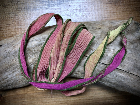 Side-Stitched Silk Ribbon - Fuchsia-Yellow Ombre