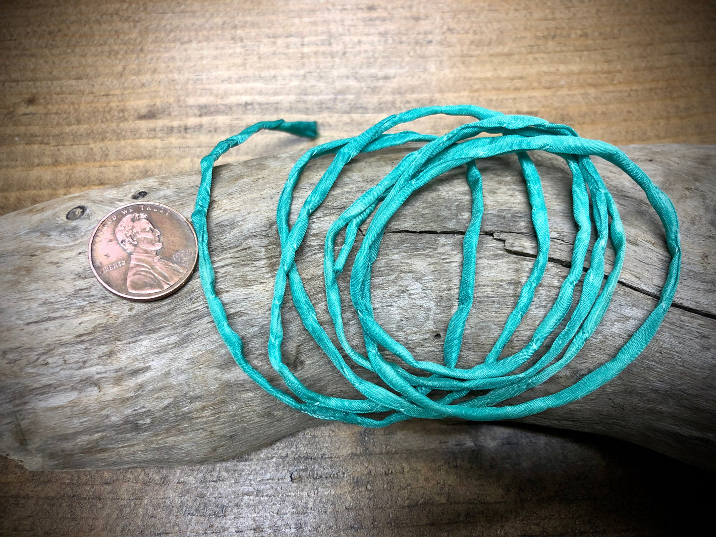 Tubular Stitched Silk Ribbon - Turquoise