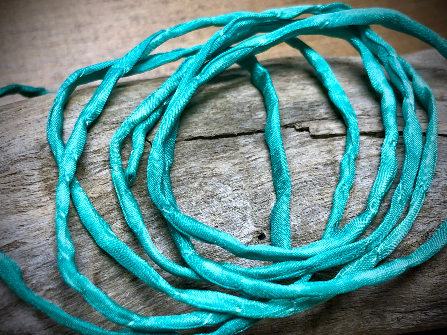Tubular Stitched Silk Ribbon - Turquoise
