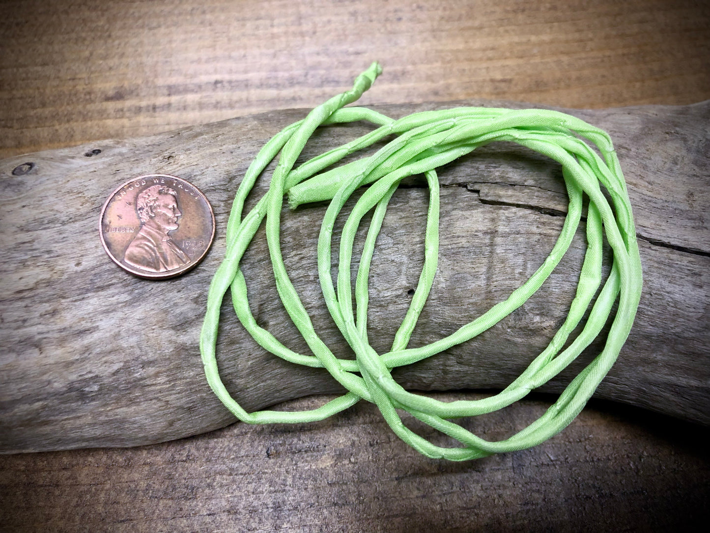 Tubular Stitched Silk Ribbon - Peridot Green