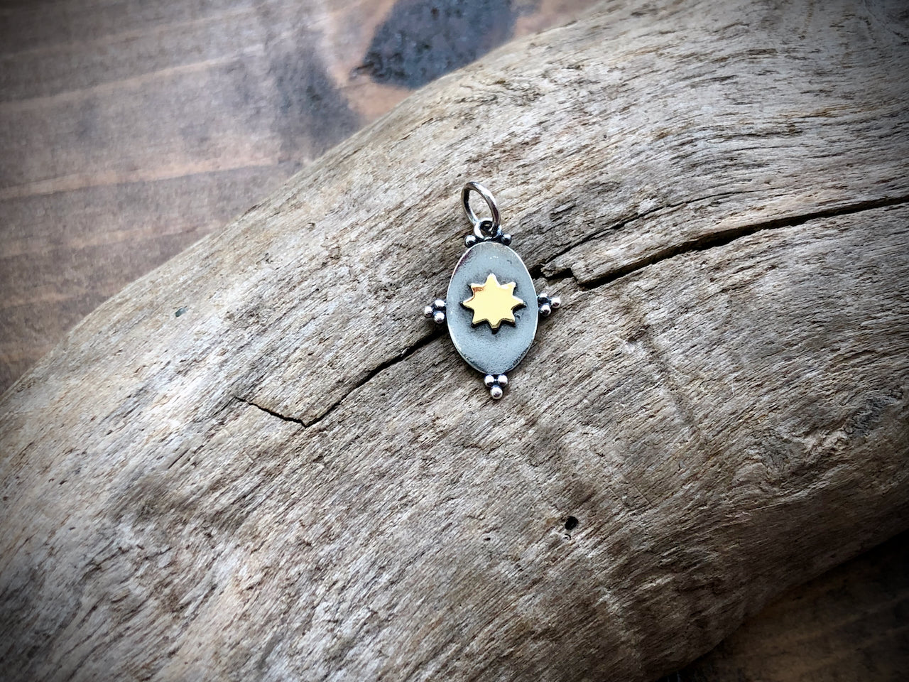 Sterling Oxidized Oval Charm with Bronze Sun