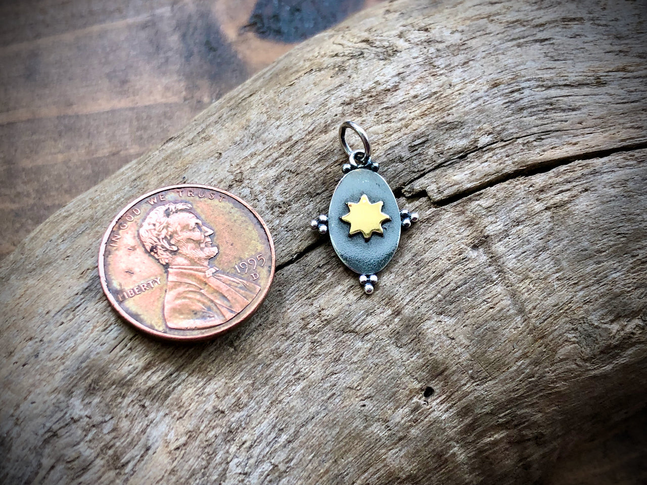Sterling Oxidized Oval Charm with Bronze Sun