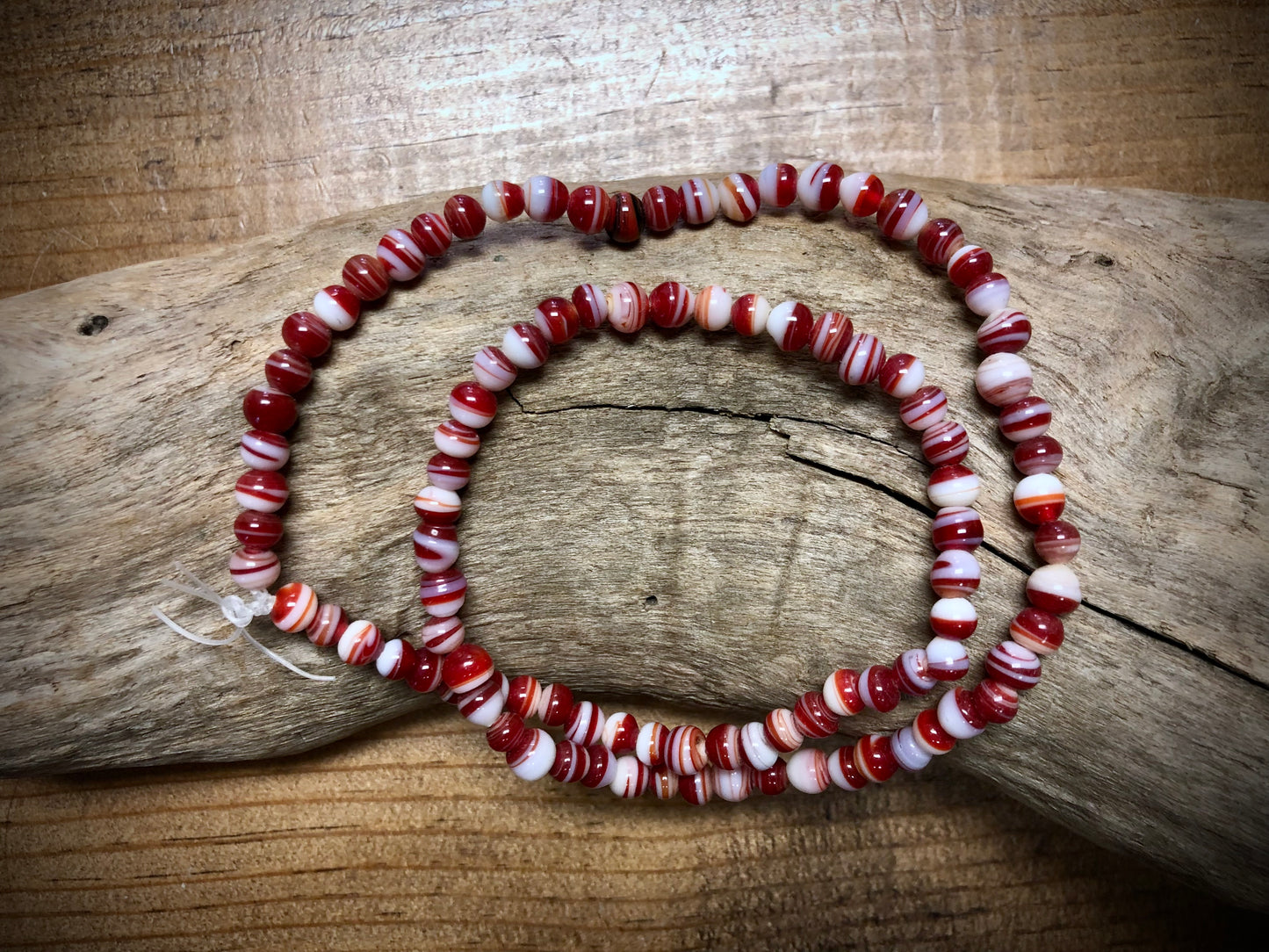 Hand Spun Glass Strand - Red and White Rounds - 15"