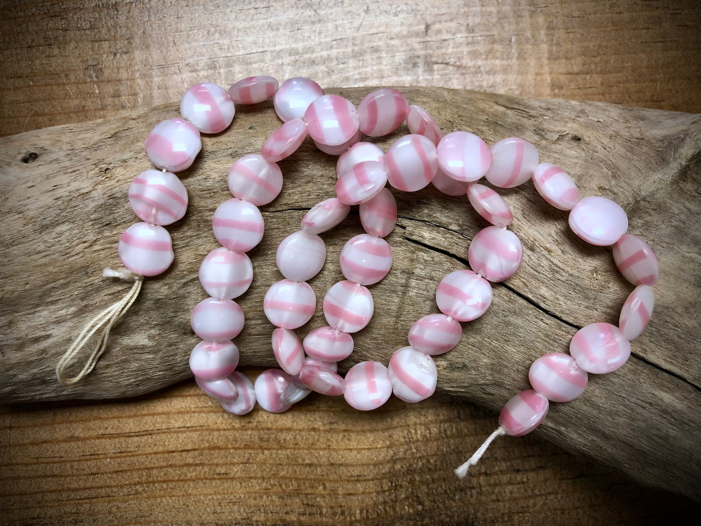 Vintage Glass Strand - Pink and White Striped Coins - 19"