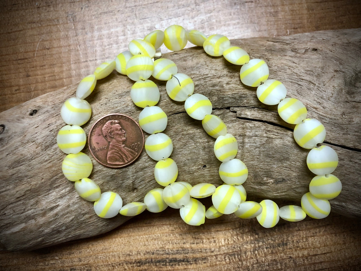Vintage Glass Strand - Matte Yellow and White Striped Coins - 16"