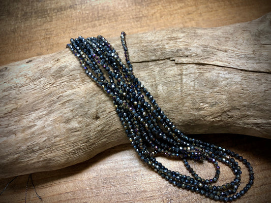 Thunder Polish Glass Faceted Rounds Strand - Jet Black AB - 2mm - 14”