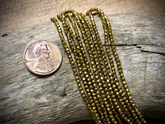 Thunder Polish Glass Faceted Rounds Strand - Yellow Gold - 2mm - 14”