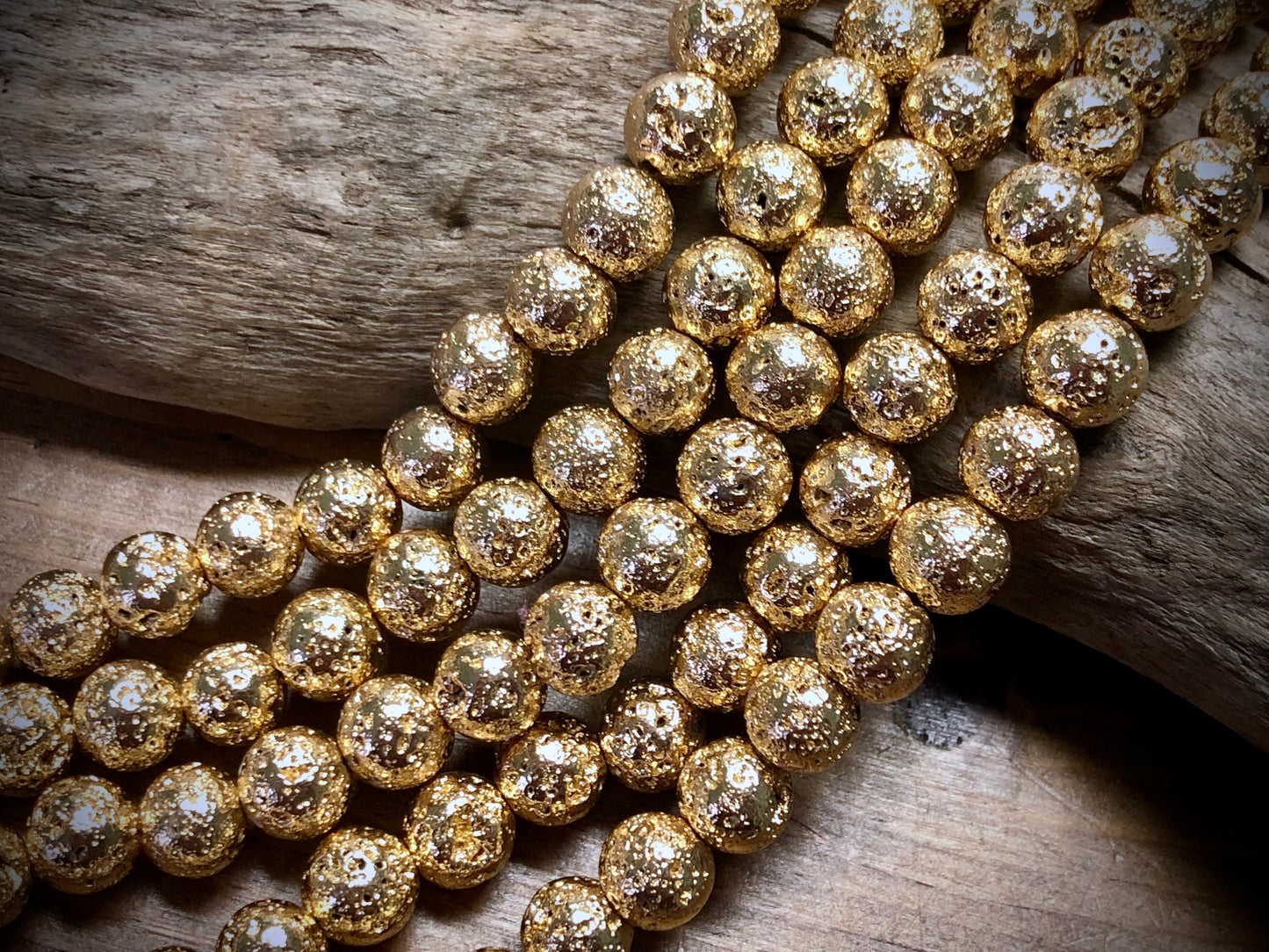 Electro-Coated Lava Bead Strand - Pale Gold - 8mm - 8”