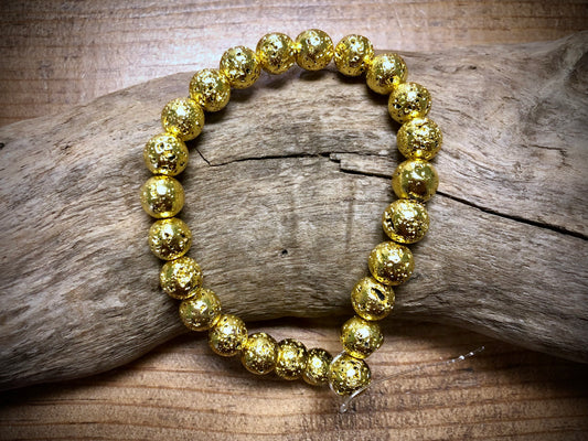 Electro-Coated Lava Bead Strand - Yellow Gold - 8mm - 8”