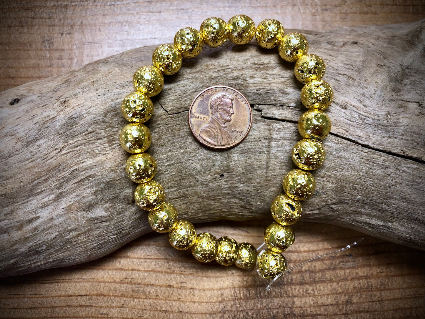 Electro-Coated Lava Bead Strand - Yellow Gold - 8mm - 8”