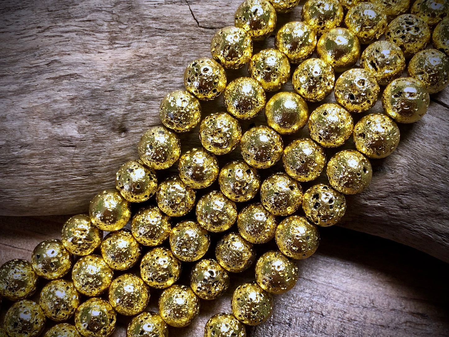 Electro-Coated Lava Bead Strand - Yellow Gold - 8mm - 8”