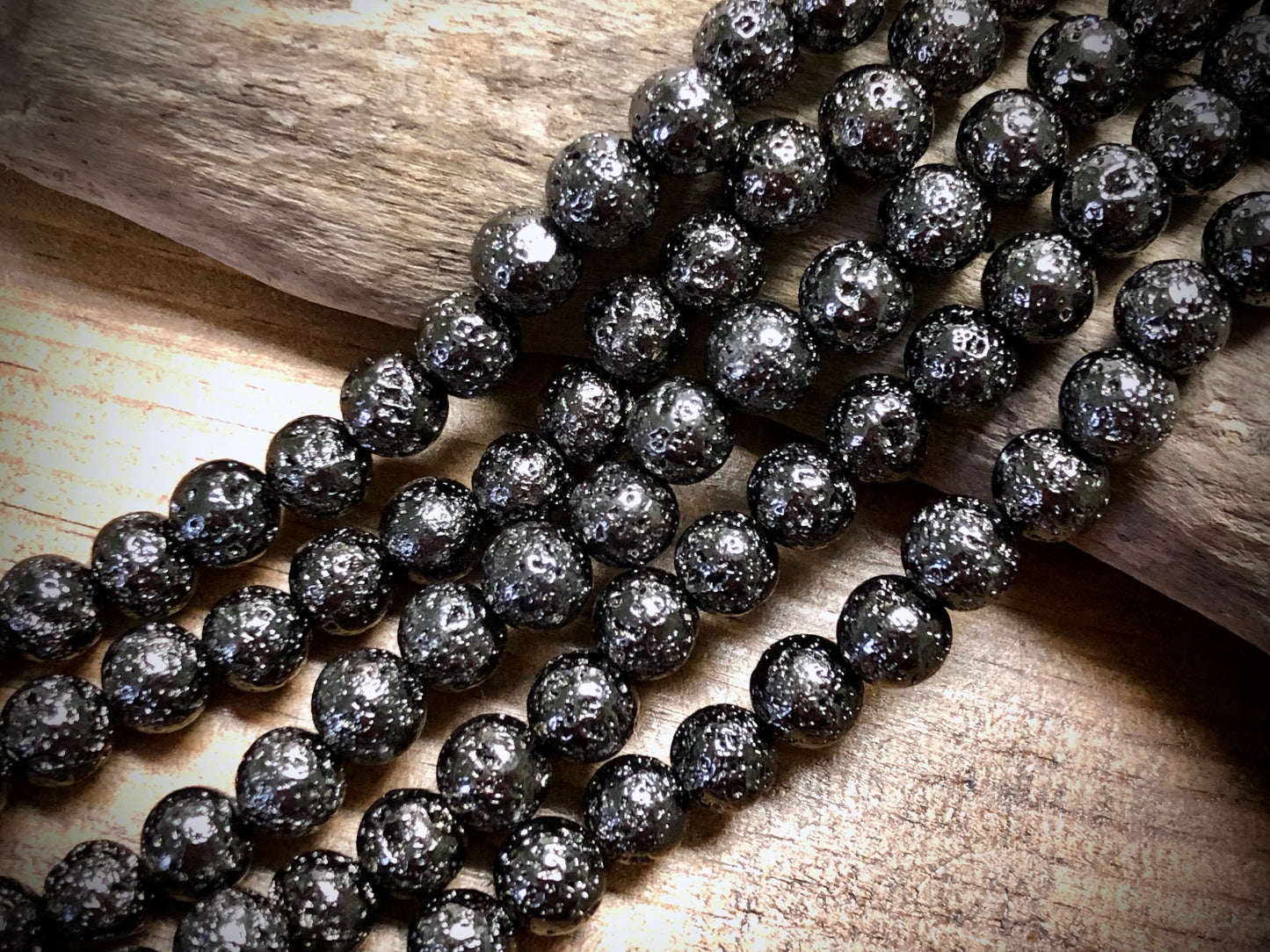 Electro-Coated Lava Bead Strand - Gunmetal - 8mm - 8”