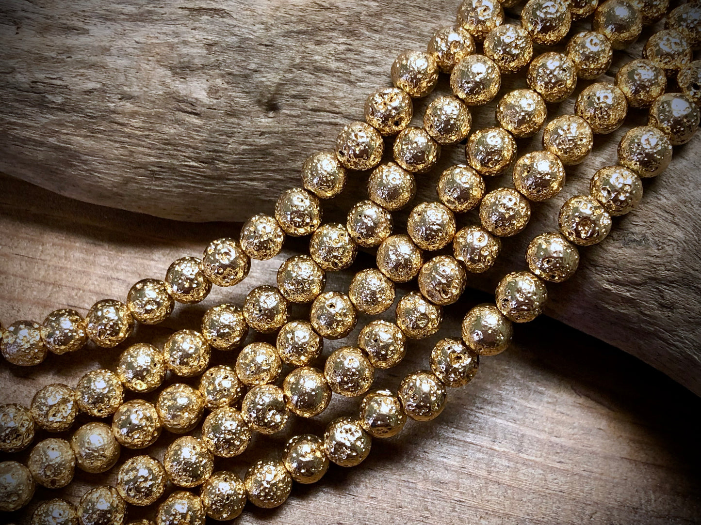 Electro-Coated Lava Bead Strand - Pale Gold - 6mm - 8”