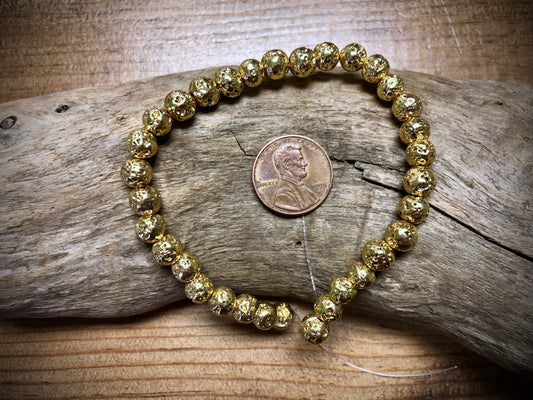 Electro-Coated Lava Bead Strand - Yellow Gold - 6mm - 8”