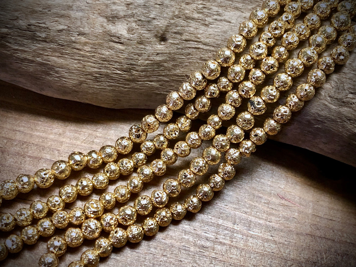 Electro-Coated Lava Bead Strand - Pale Gold - 4mm - 8”