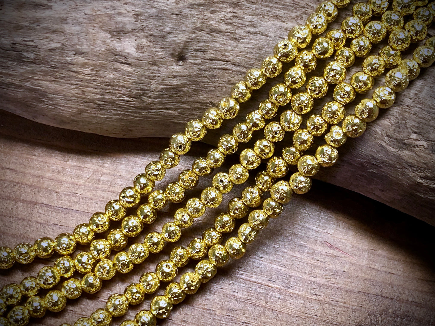 Electro-Coated Lava Bead Strand - Yellow Gold - 4mm - 8”