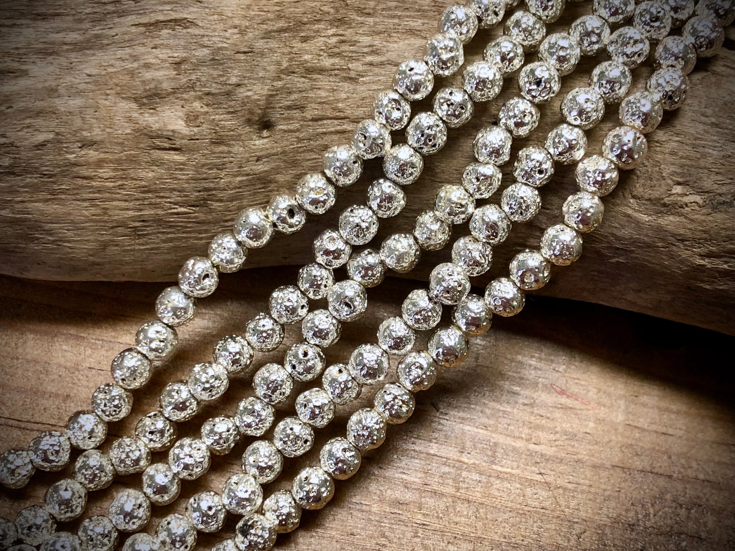 Electro-Coated Lava Bead Strand - Silver - 4mm - 8”
