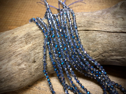 Thunder Polish Glass Faceted Rounds Strand - Magic Blue AB - 3mm - 14”