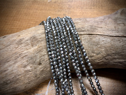 Thunder Polish Glass Faceted Rounds Strand - Silver - 3mm - 14”