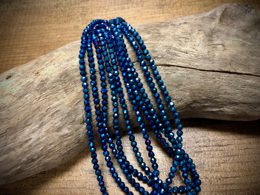 Thunder Polish Glass Faceted Rounds Strand - Bright Blue AB - 3mm - 14”
