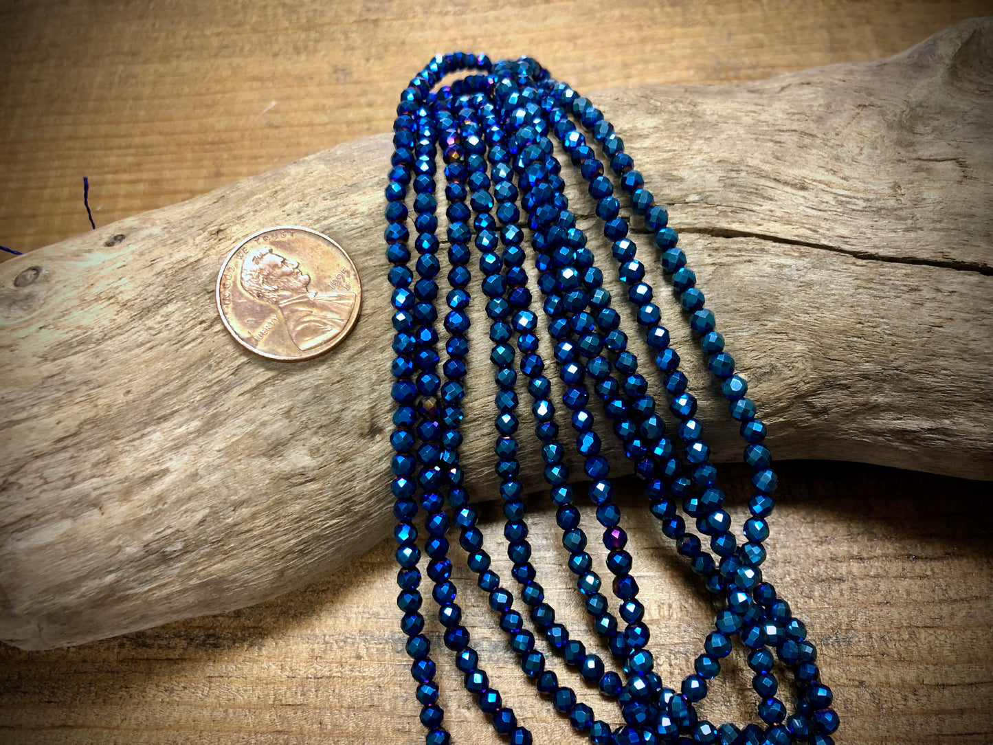 Thunder Polish Glass Faceted Rounds Strand - Bright Blue AB - 3mm - 14”