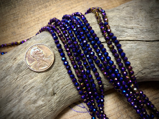 Thunder Polish Glass Faceted Rounds Strand - Royal Purple AB - 3mm - 14”