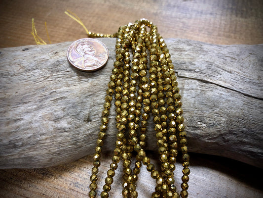 Thunder Polish Glass Faceted Rounds Strand - Yellow Gold - 3mm - 14”