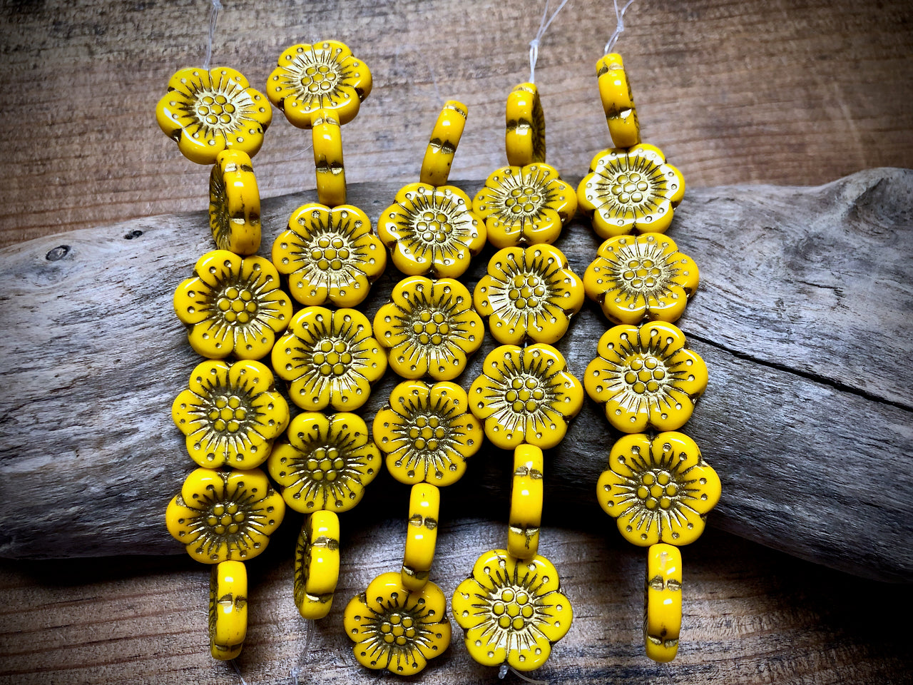 Yellow Opaque Wild Rose with Gold Wash Pressed Czech Glass Beads