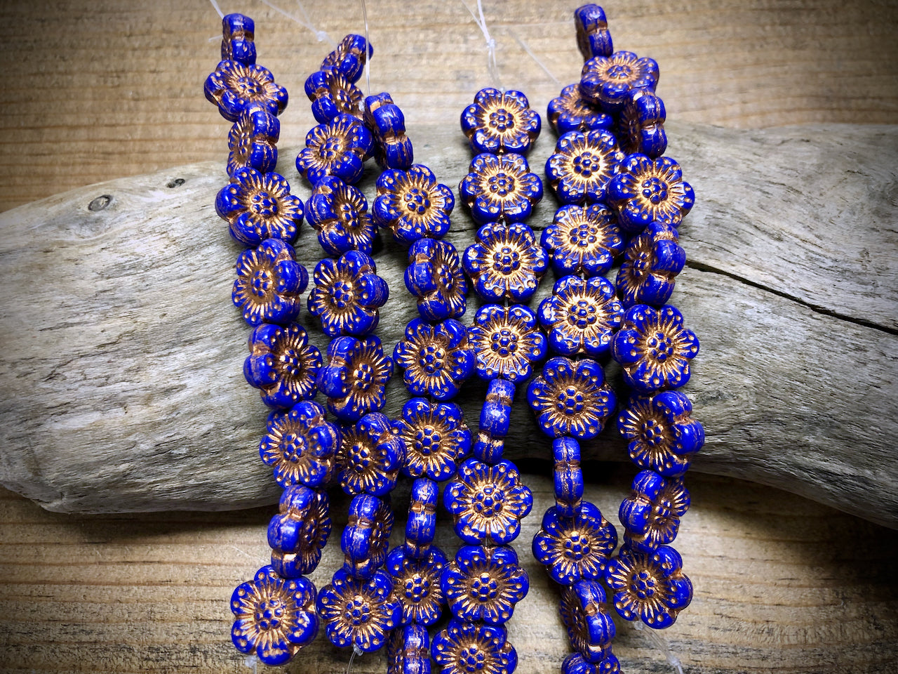 Opaque Royal Blue Wild Rose with Bronze Wash Pressed Czech Glass Beads
