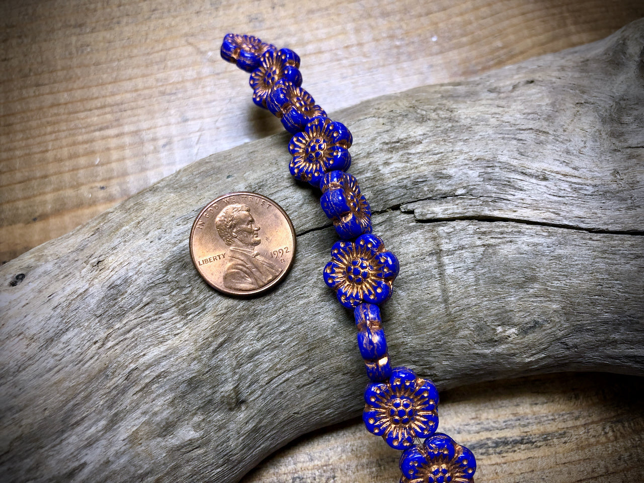 Opaque Royal Blue Wild Rose with Bronze Wash Pressed Czech Glass Beads