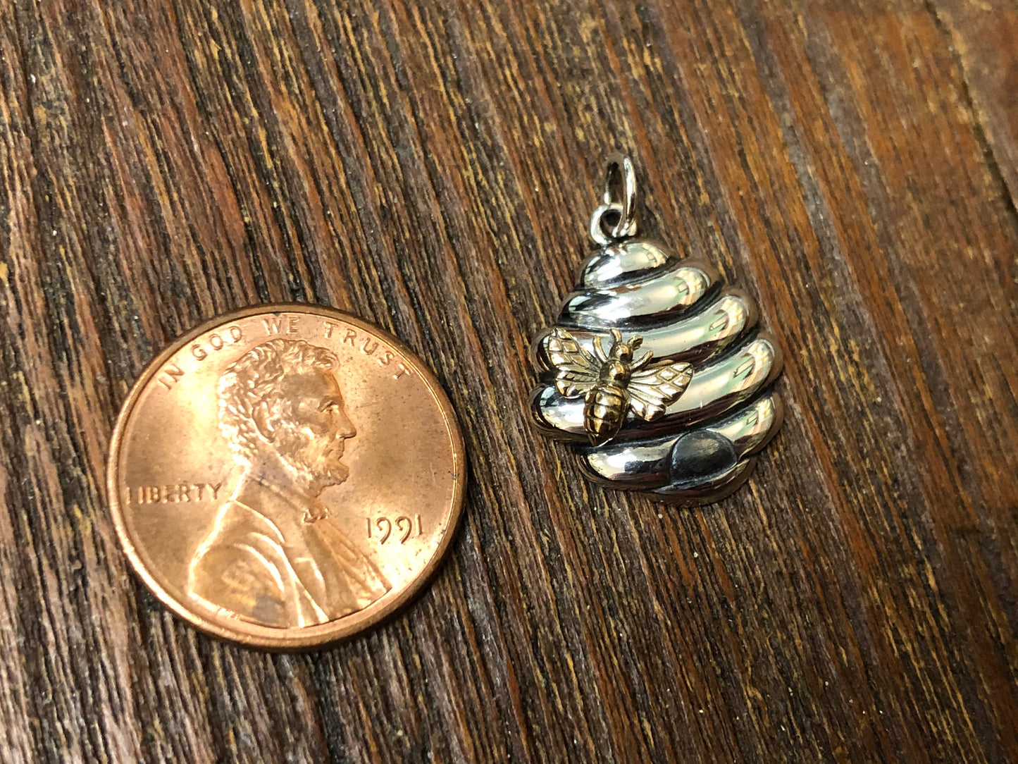 Sterling Silver Beehive with Bronze Bee Charm