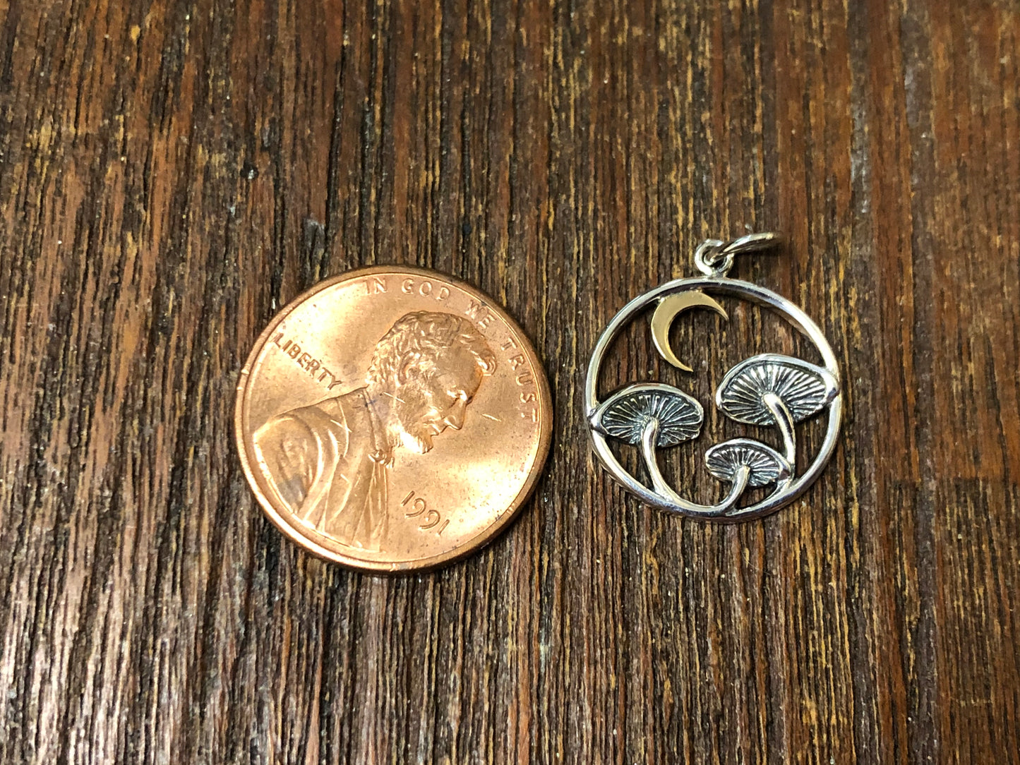 Sterling Silver Mushrooms with Bronze Moon Charm