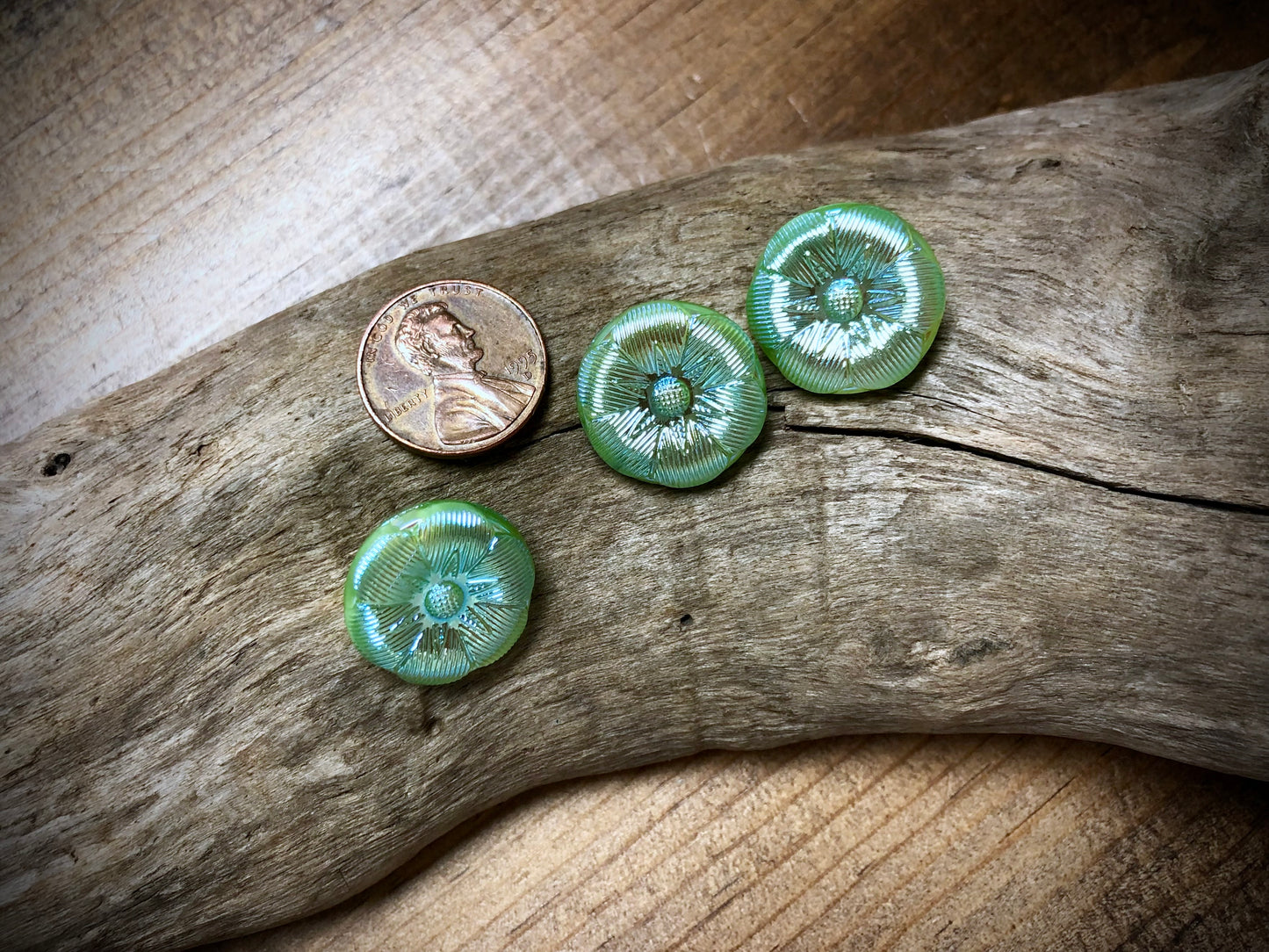 Czech Glass Shank Button - Green Flower - 18mm