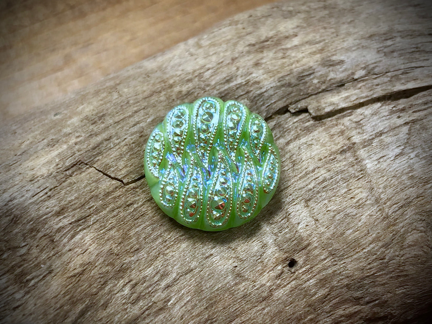 Czech Glass Shank Button - Green Paisley - 18mm