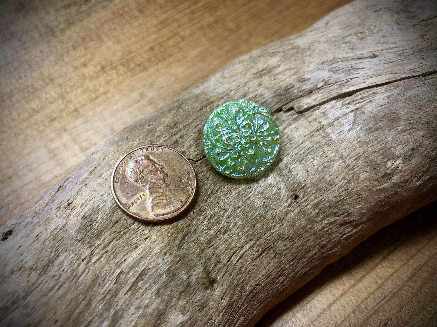 Czech Glass Shank Button - Green Mandala - 18mm