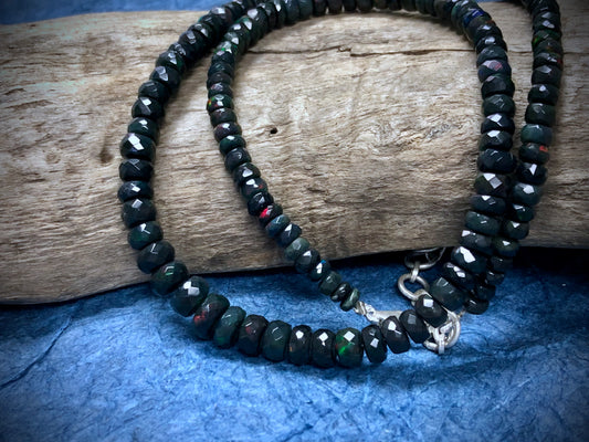 Black Opal Graduated Faceted Rondelles Strand/Necklace - 16"