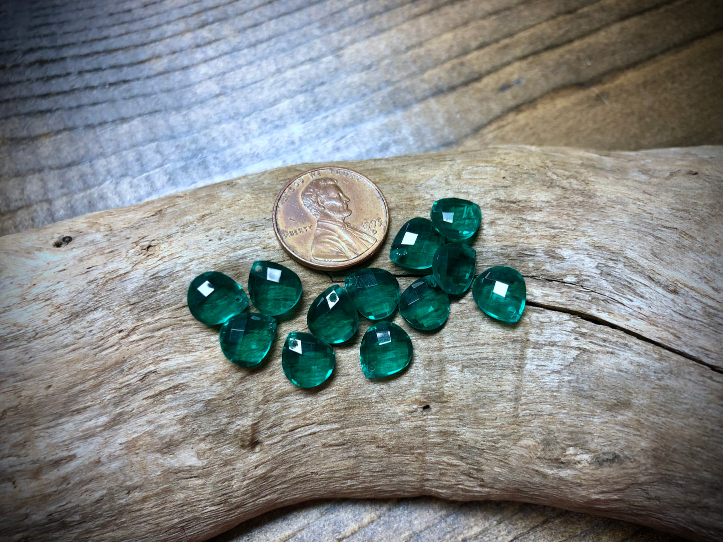 Vintage Czech Glass Faceted Briolette Bead - 9mm x 8mm - Emerald
