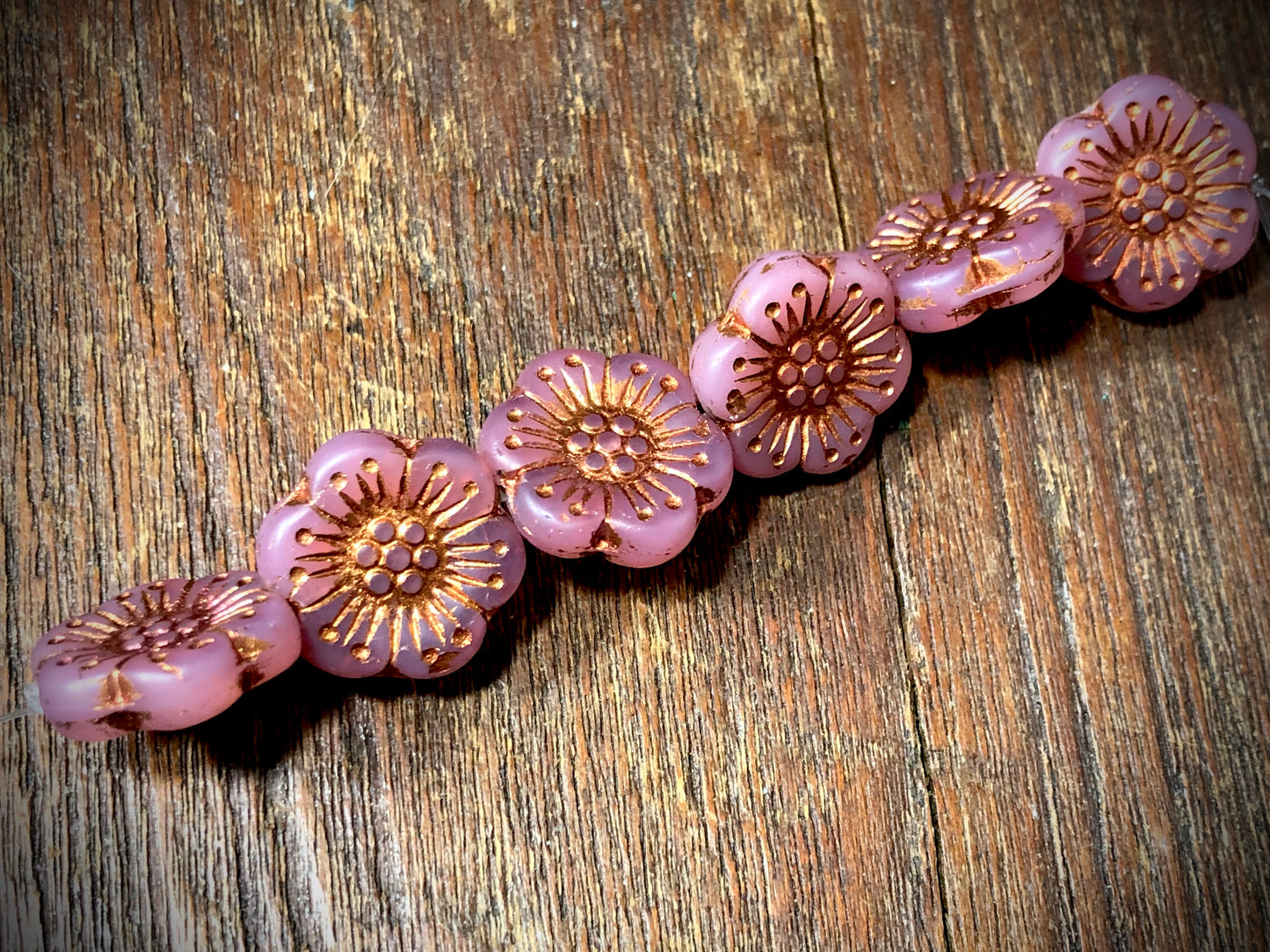 Pink Opal Wild Rose Matted with Bronze Wash Pressed Czech Glass Beads