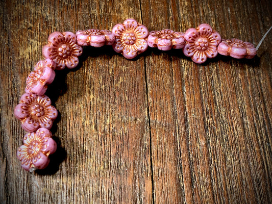 Pink Silk Wild Rose with Copper Wash Pressed Czech Glass Flower Beads