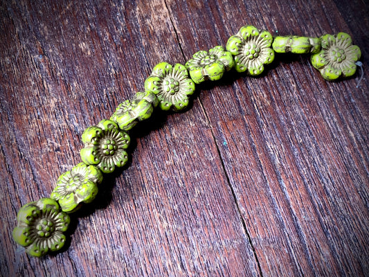 Opaque Olive Wild Rose with Gold Wash Pressed Czech Glass Beads