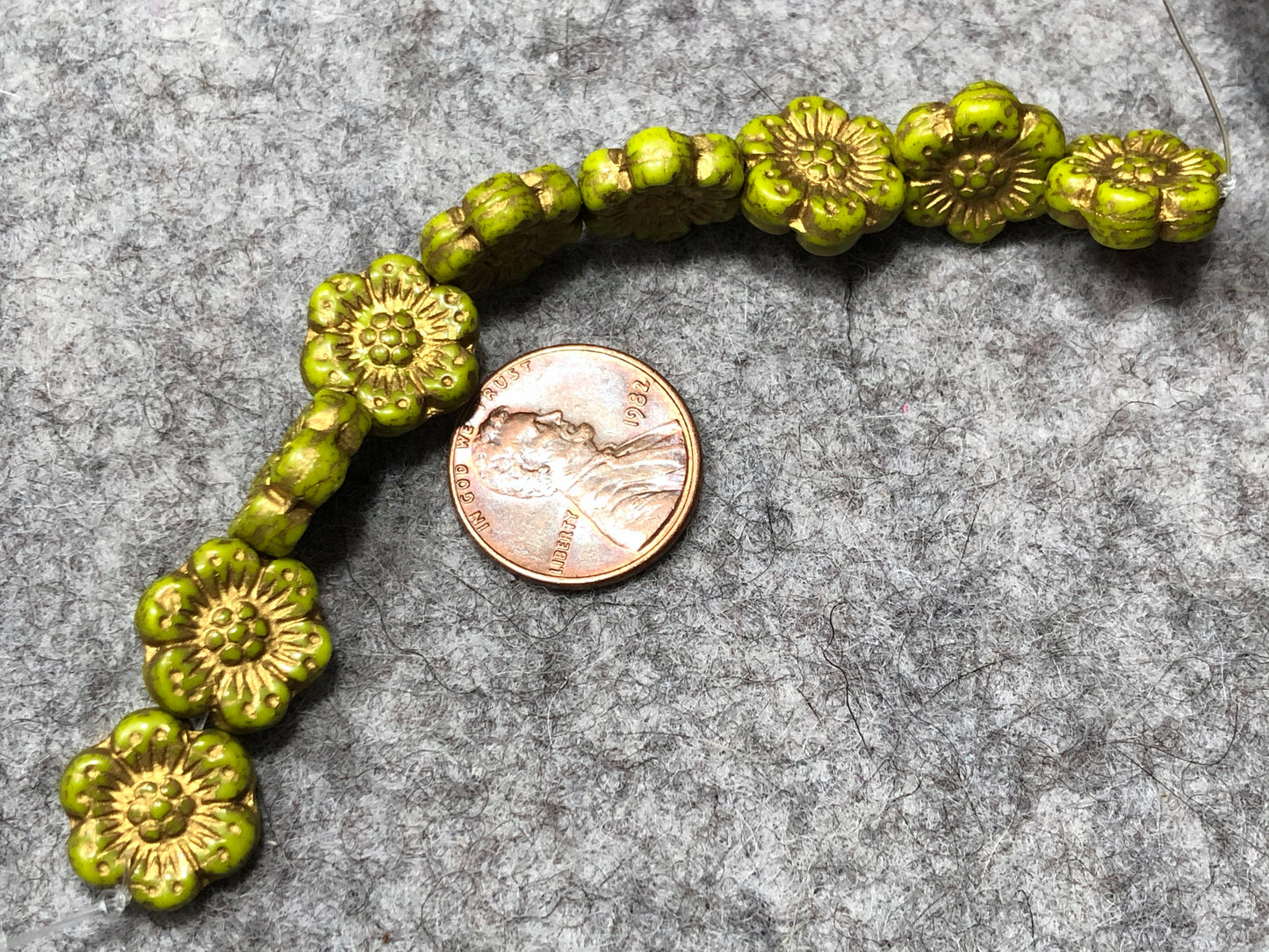Opaque Olive Wild Rose with Gold Wash Pressed Czech Glass Beads