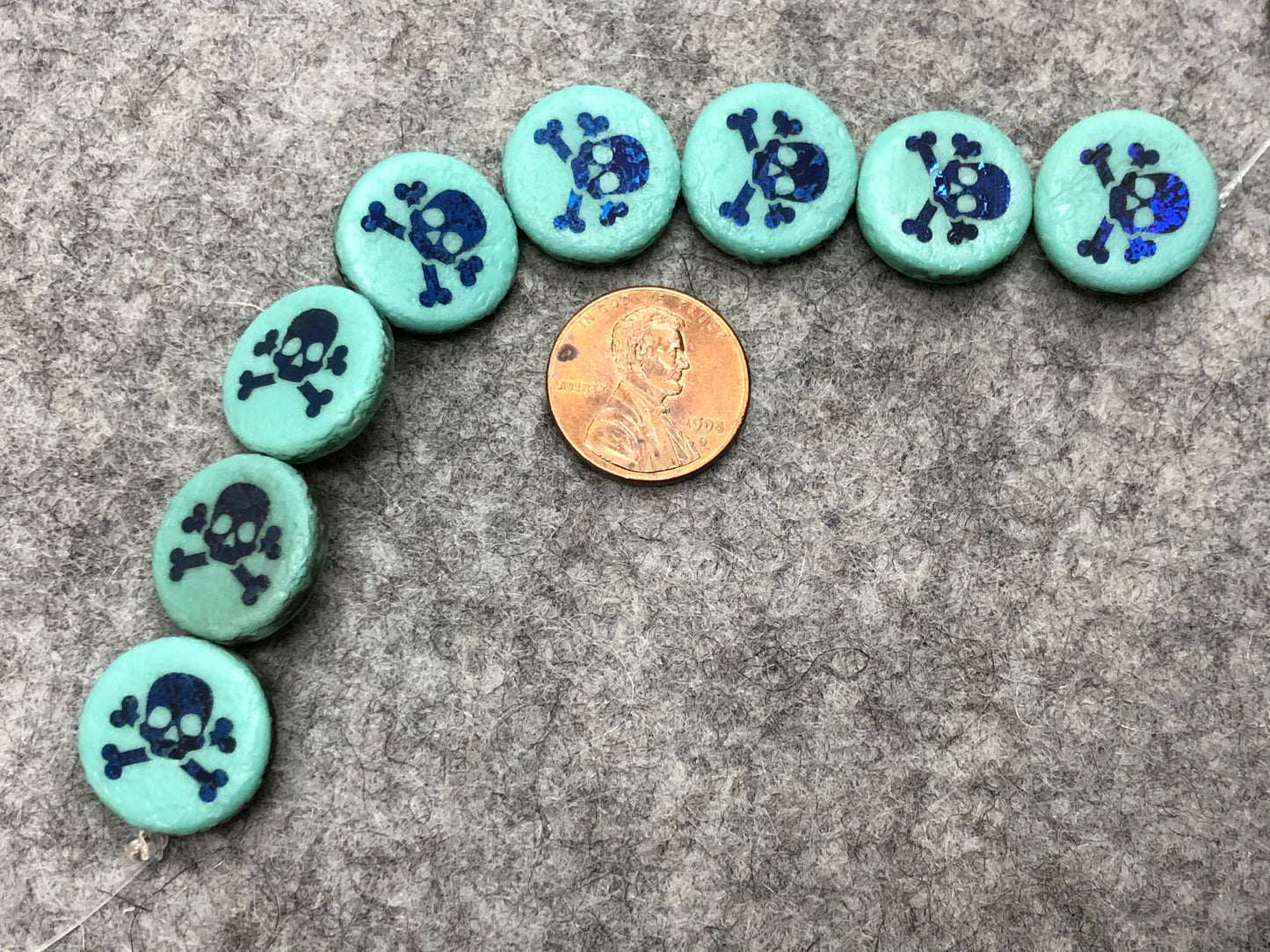 Etched Turquoise Coin Czech Glass Bead with Azuro Laser Tattoo Skull & Crossbones