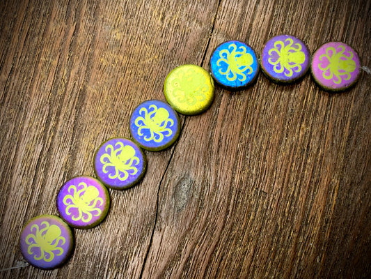 Etched Chartreuse Czech Glass Coin Bead with Laser Tattoo Octopus and Sliperit Finish