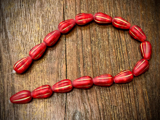 Matte Cherry Red Opal Melon Drops with Gold Wash Czech Glass Beads